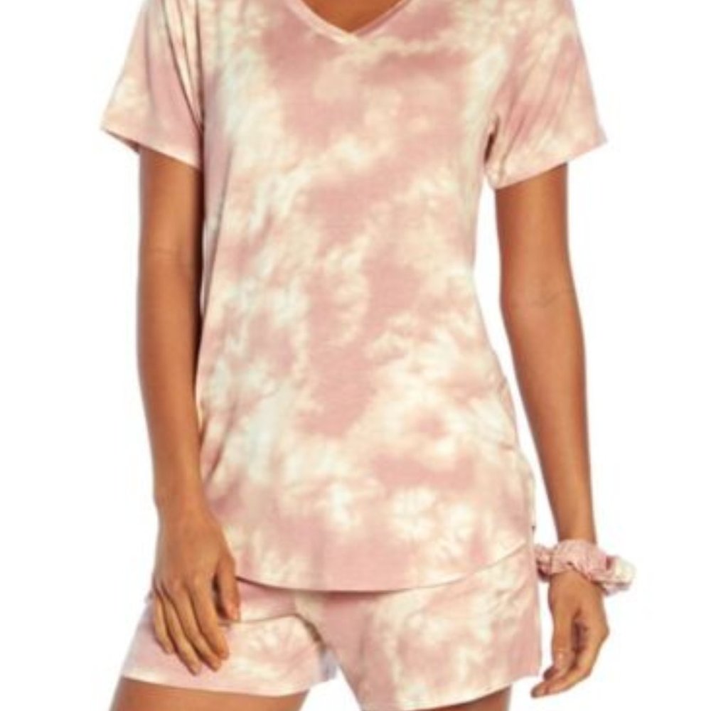 NEW Wildfox pajamas Set Women medium tie die Luxe Knit top Shorts scrunchie pink